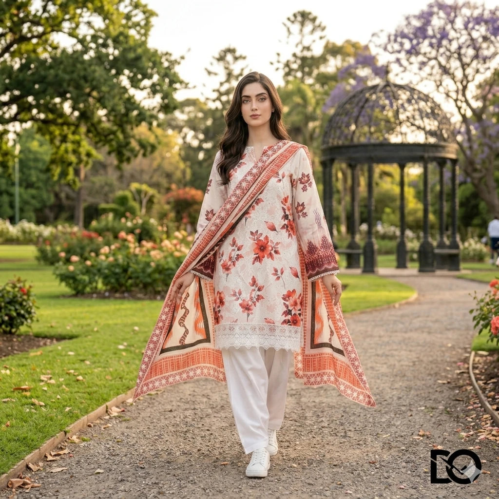 Crimson Bloom 3-Piece Lawn Suit | Hand Embroidery | Chikankari | Laser Work | Unstitched