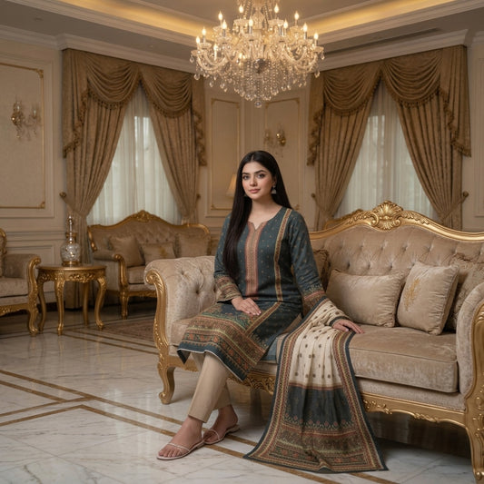 Forest Green Traditional Border Digital Printed Premium Lawn 3-Piece Suit