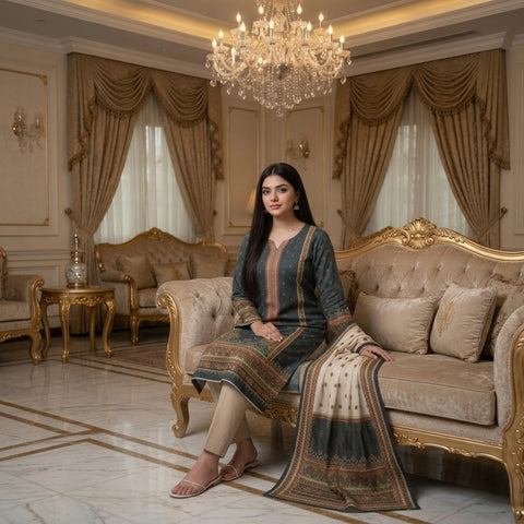 Forest Green Traditional Border Digital Printed Premium Lawn 3-Piece Suit