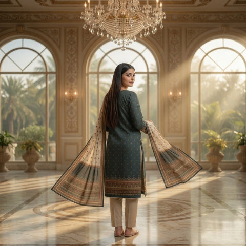 Forest Green Traditional Border Digital Printed Premium Lawn 3-Piece Suit