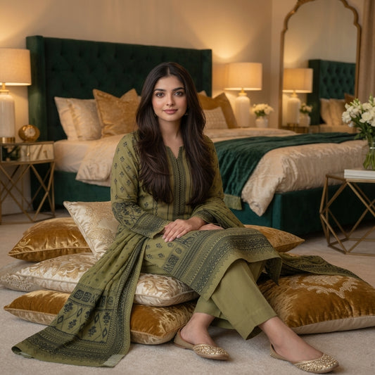 Olive Green Tonal Digital Printed Premium Lawn 3-Piece Suit