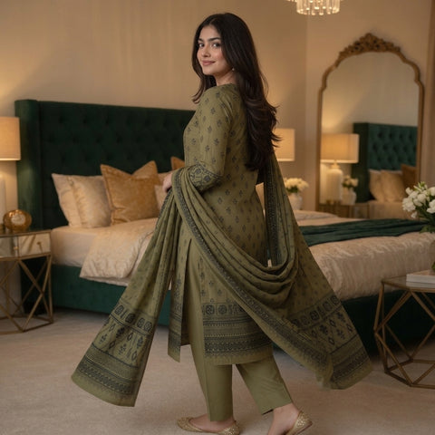 Olive Green Tonal Digital Printed Premium Lawn 3-Piece Suit