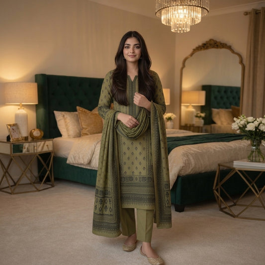 Olive Green Tonal Digital Printed Premium Lawn 3-Piece Suit