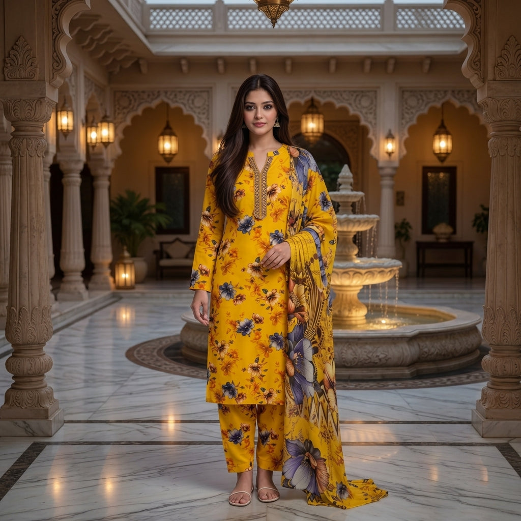 Mustard Yellow Bold Floral Digital Printed Premium Lawn 3-Piece Suit