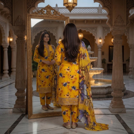 Mustard Yellow Bold Floral Digital Printed Premium Lawn 3-Piece Suit