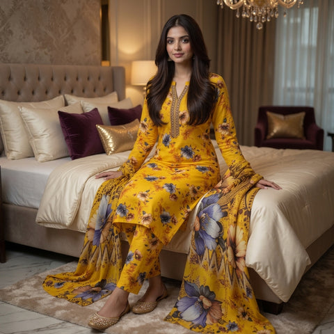Mustard Yellow Bold Floral Digital Printed Premium Lawn 3-Piece Suit