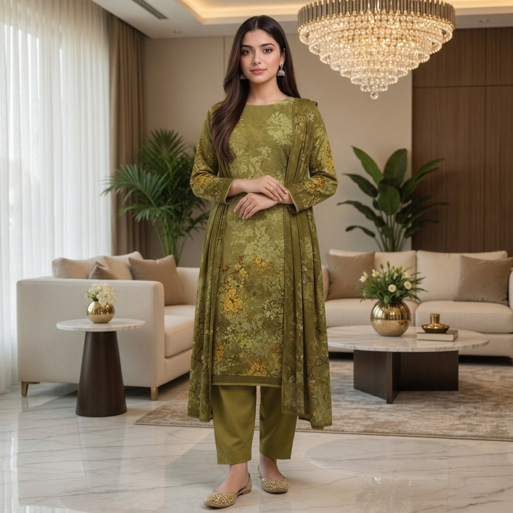 Sage Green Tone-on-Tone Floral Digital Printed Premium Lawn 3-Piece Suit