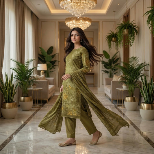 Sage Green Tone-on-Tone Floral Digital Printed Premium Lawn 3-Piece Suit
