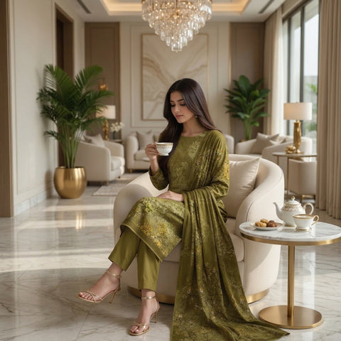 Sage Green Tone-on-Tone Floral Digital Printed Premium Lawn 3-Piece Suit