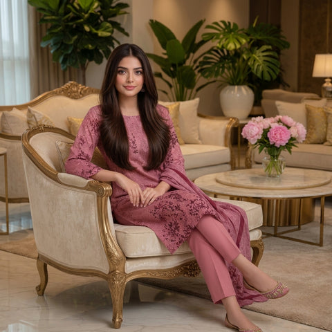 Dusty Rose Floral Vine Digital Printed Premium Lawn 3-Piece Suit