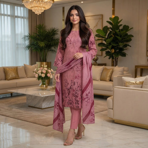 Dusty Rose Floral Vine Digital Printed Premium Lawn 3-Piece Suit