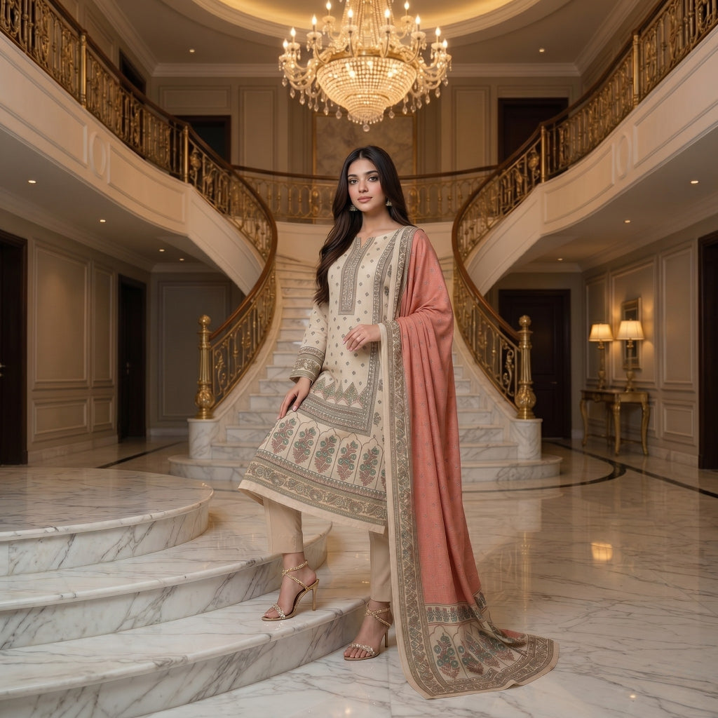 Cream & Blush Pink Mughal Arch Border Digital Printed Premium Lawn 3-Piece Suit