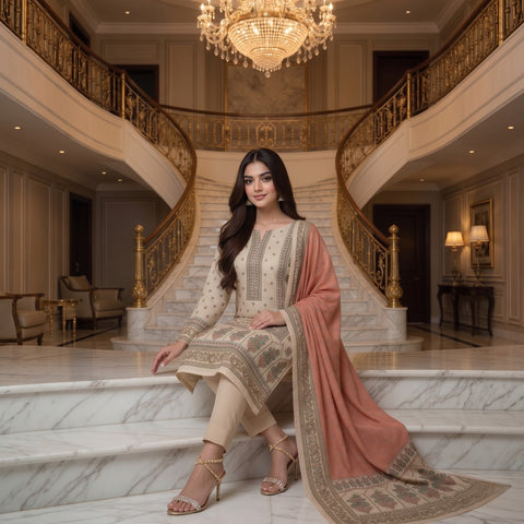 Cream & Blush Pink Mughal Arch Border Digital Printed Premium Lawn 3-Piece Suit