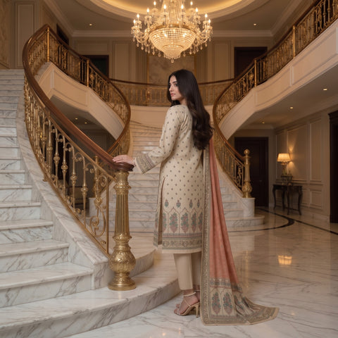 Cream & Blush Pink Mughal Arch Border Digital Printed Premium Lawn 3-Piece Suit