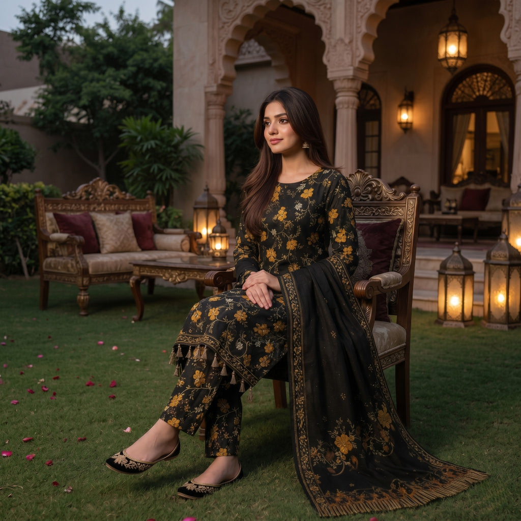 Black & Gold Floral Digital Printed Premium Lawn 3-Piece Suit