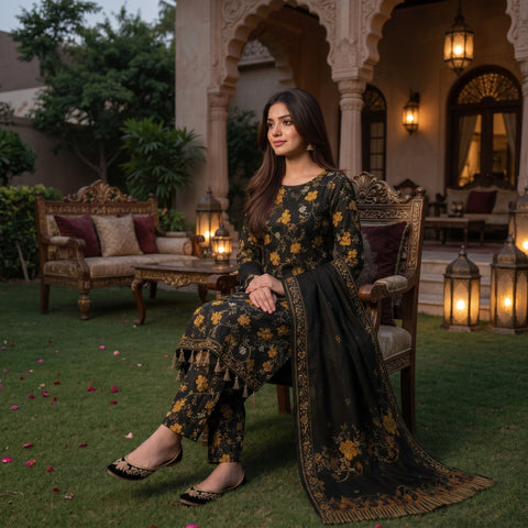 Black & Gold Floral Digital Printed Premium Lawn 3-Piece Suit