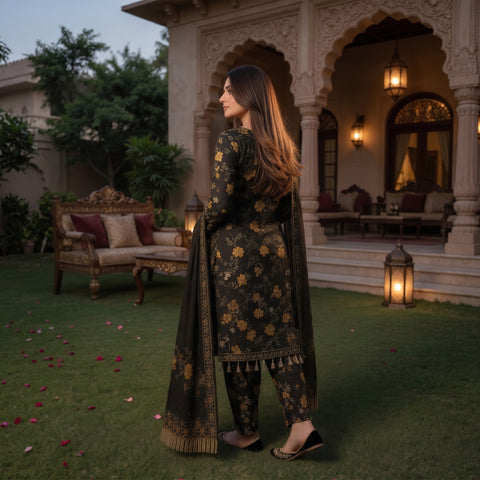 Black & Gold Floral Digital Printed Premium Lawn 3-Piece Suit