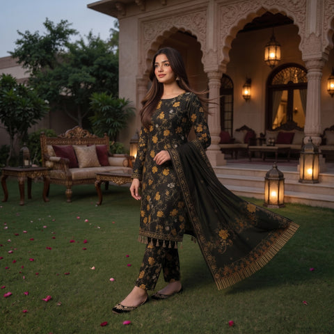 Black & Gold Floral Digital Printed Premium Lawn 3-Piece Suit