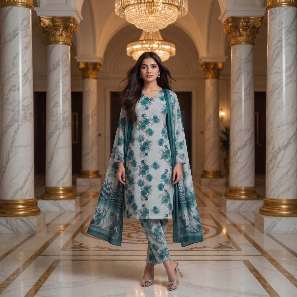 Ice Blue & Teal Floral Ombré Digital Printed Premium Lawn 3-Piece Suit