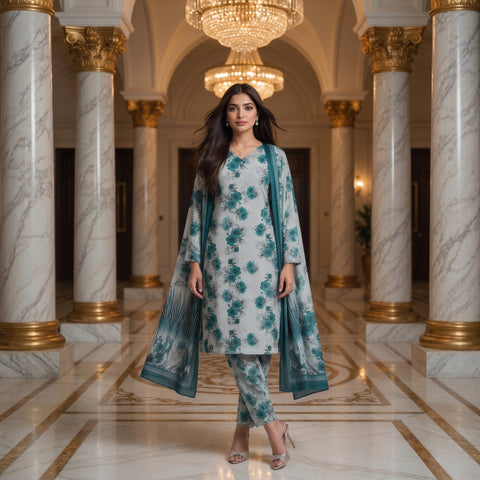Ice Blue & Teal Floral Ombré Digital Printed Premium Lawn 3-Piece Suit