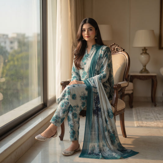 Ice Blue & Teal Floral Ombré Digital Printed Premium Lawn 3-Piece Suit