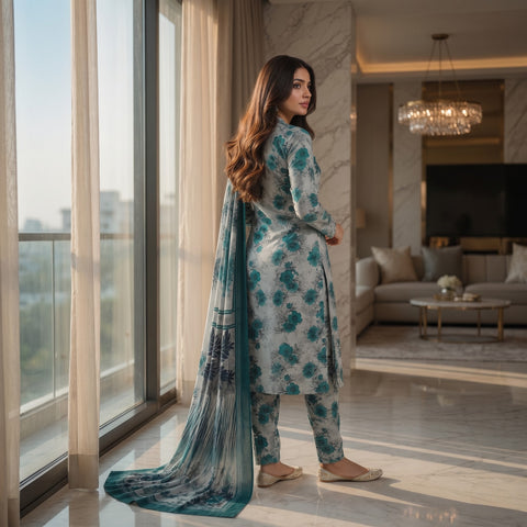 Ice Blue & Teal Floral Ombré Digital Printed Premium Lawn 3-Piece Suit