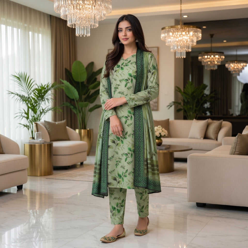 Mint Green Botanical Watercolor Digital Printed Premium Lawn 3-Piece Suit