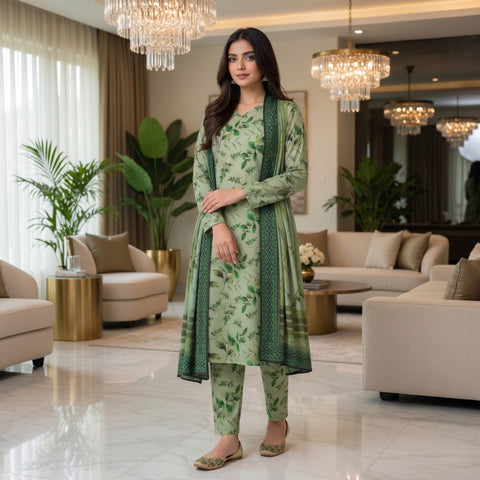 Mint Green Botanical Watercolor Digital Printed Premium Lawn 3-Piece Suit
