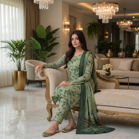 Mint Green Botanical Watercolor Digital Printed Premium Lawn 3-Piece Suit