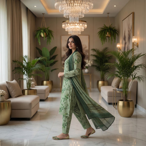 Mint Green Botanical Watercolor Digital Printed Premium Lawn 3-Piece Suit