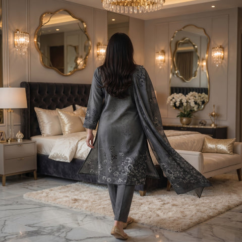 Charcoal Grey Shimmer Textured Digital Printed Premium Lawn 3-Piece Suit