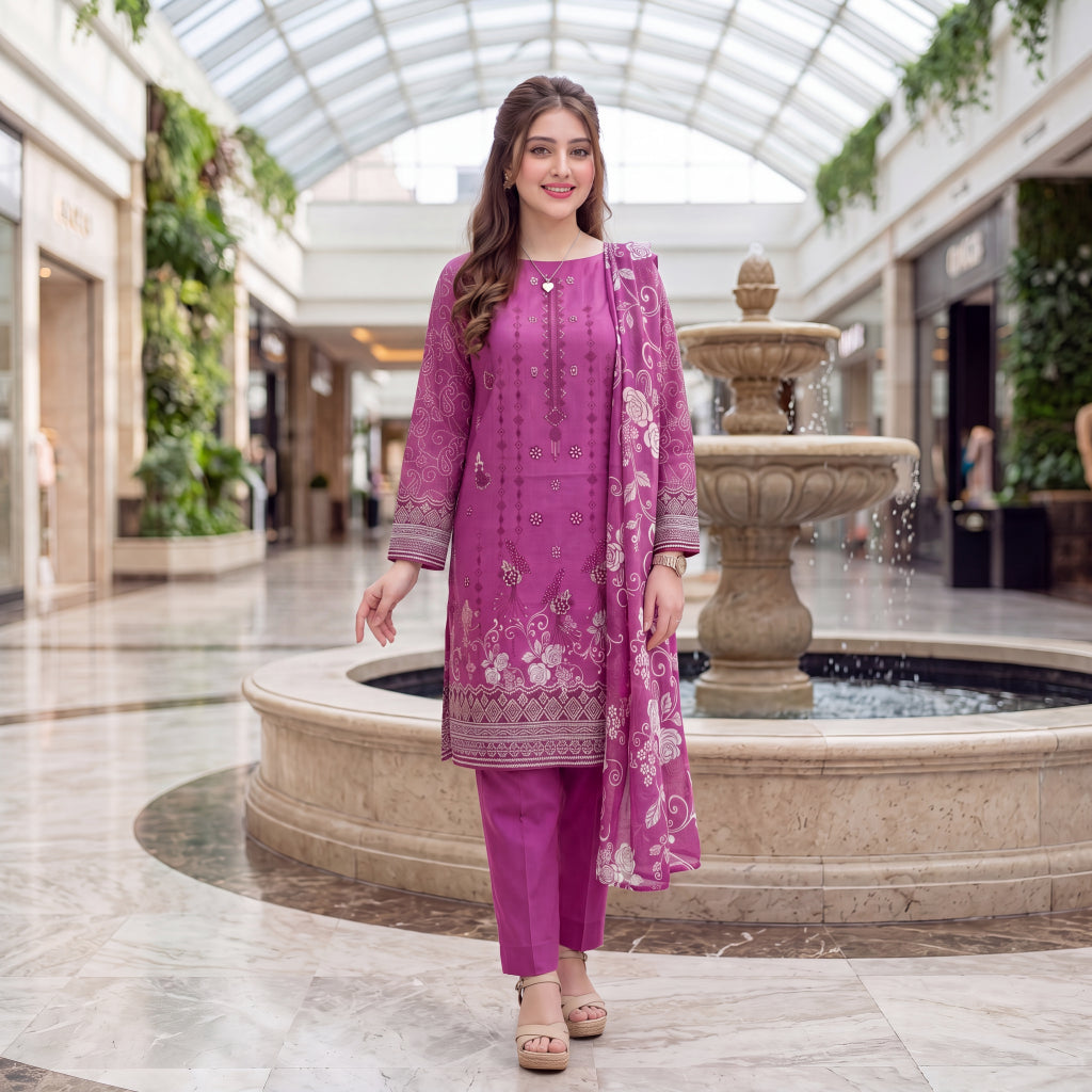 Magenta Diamond Embroidery 3-Piece Lawn Suit
