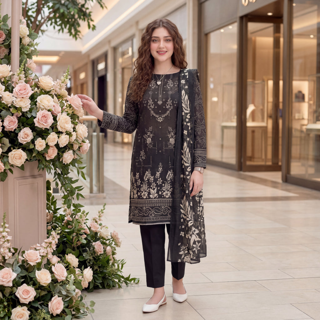 Noir Floral Paisley Embroidery 3-Piece Lawn Suit
