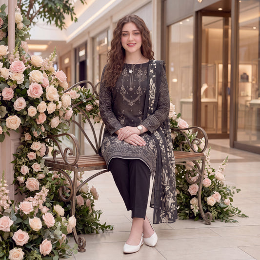 Noir Floral Paisley Embroidery 3-Piece Lawn Suit