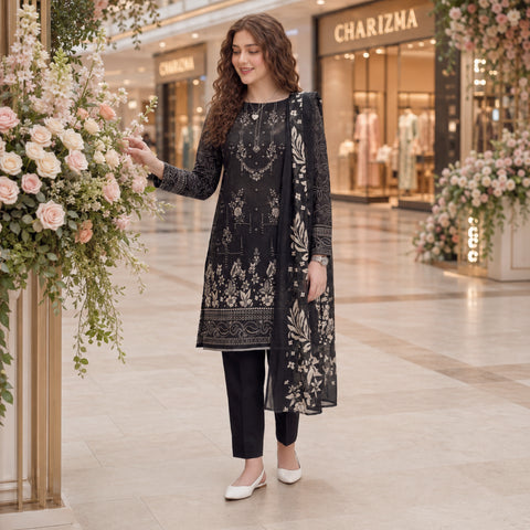 Noir Floral Paisley Embroidery 3-Piece Lawn Suit