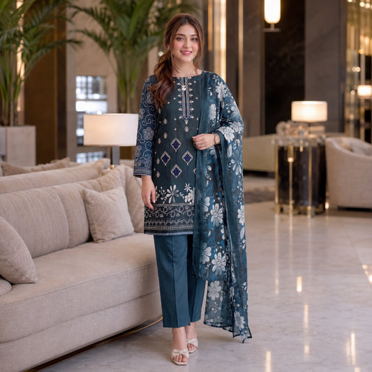 Deep Teal Floral Embroidery 3-Piece Lawn Suit