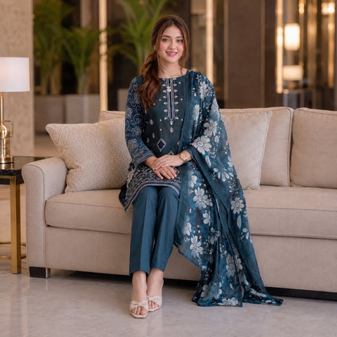 Deep Teal Floral Embroidery 3-Piece Lawn Suit