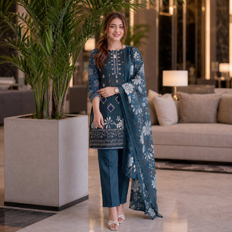 Deep Teal Floral Embroidery 3-Piece Lawn Suit
