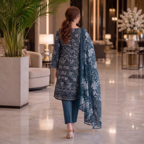 Deep Teal Floral Embroidery 3-Piece Lawn Suit