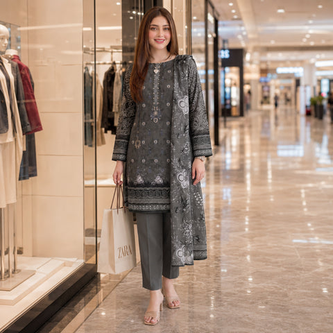 Slate Grey Floral Embroidery 3-Piece Lawn Suit