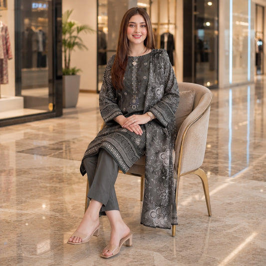 Slate Grey Floral Embroidery 3-Piece Lawn Suit