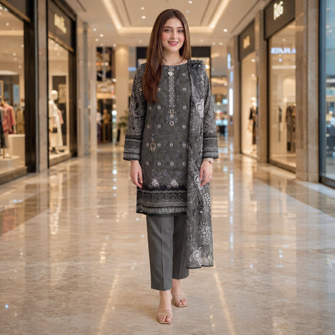 Slate Grey Floral Embroidery 3-Piece Lawn Suit