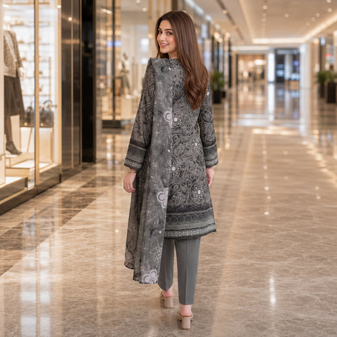 Slate Grey Floral Embroidery 3-Piece Lawn Suit
