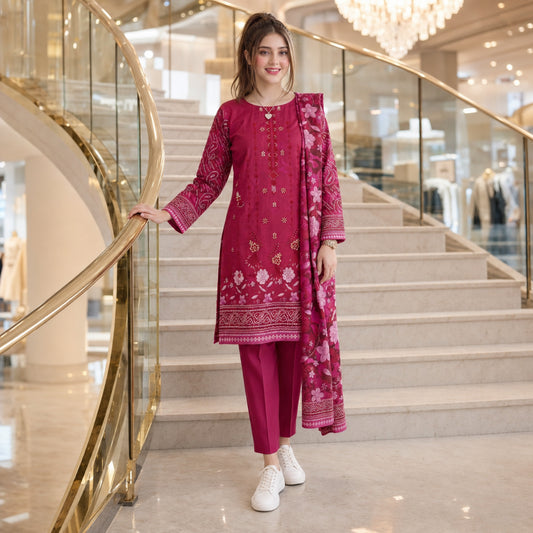 Rani Pink Floral Embroidery 3-Piece Lawn Suit