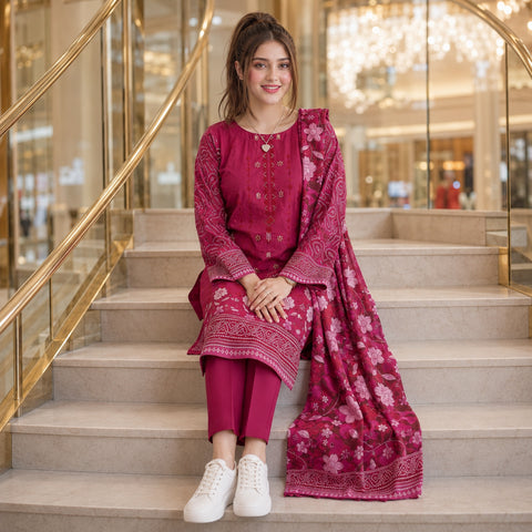 Rani Pink Floral Embroidery 3-Piece Lawn Suit