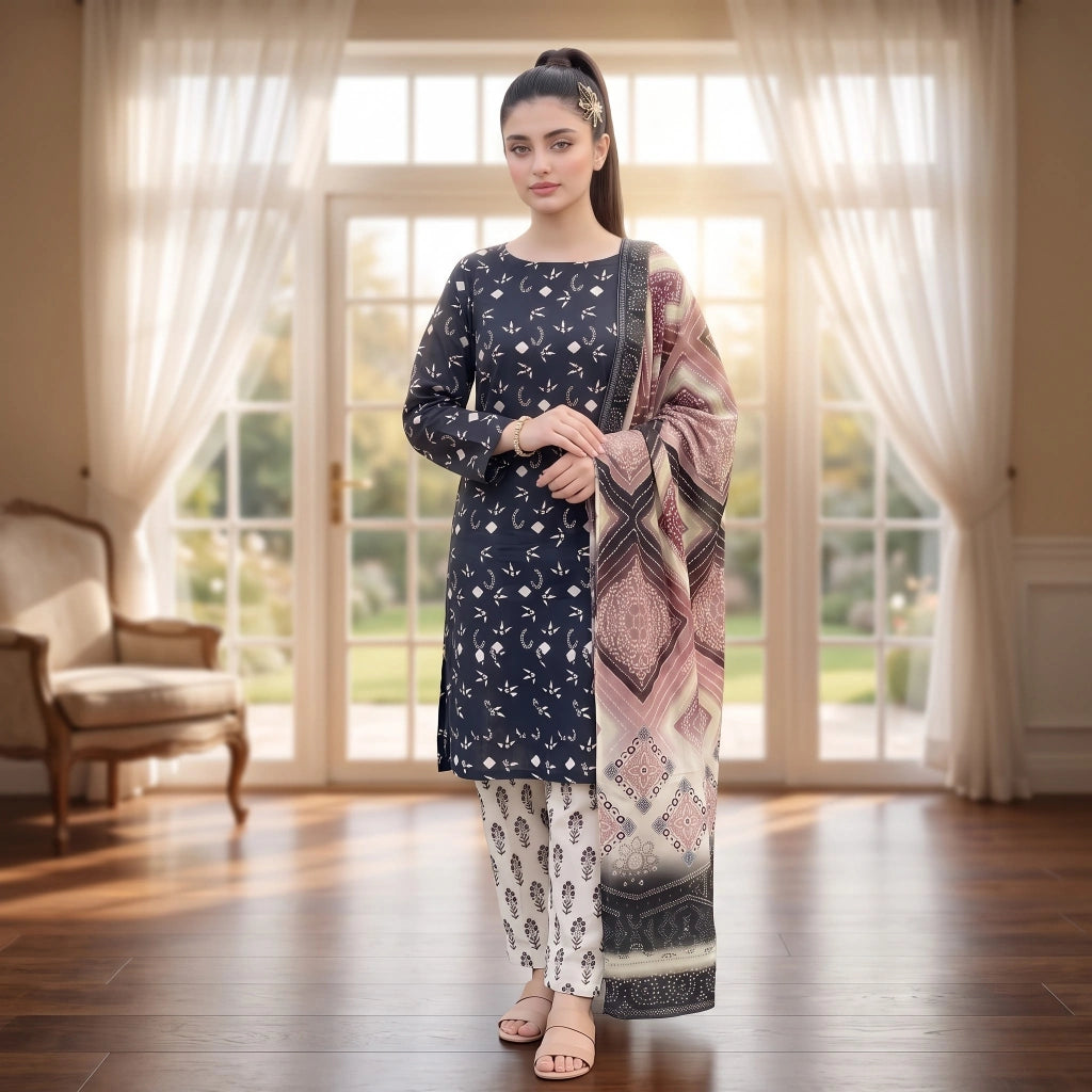 Midnight Bloom 3-Piece Lawn Suit