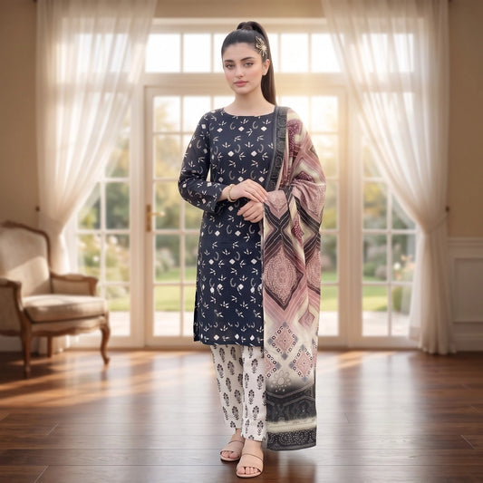 Midnight Bloom 3-Piece Lawn Suit