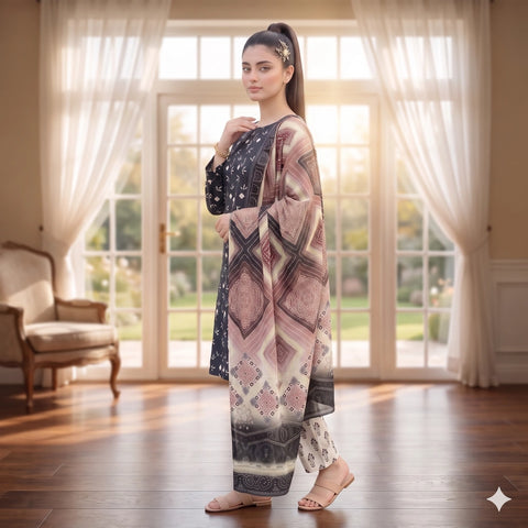 Midnight Bloom 3-Piece Lawn Suit