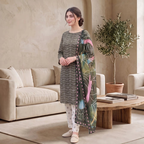 Olive Mist Bandhani 3-Piece Lawn Suit