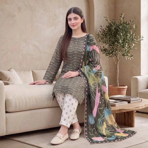 Olive Mist Bandhani 3-Piece Lawn Suit